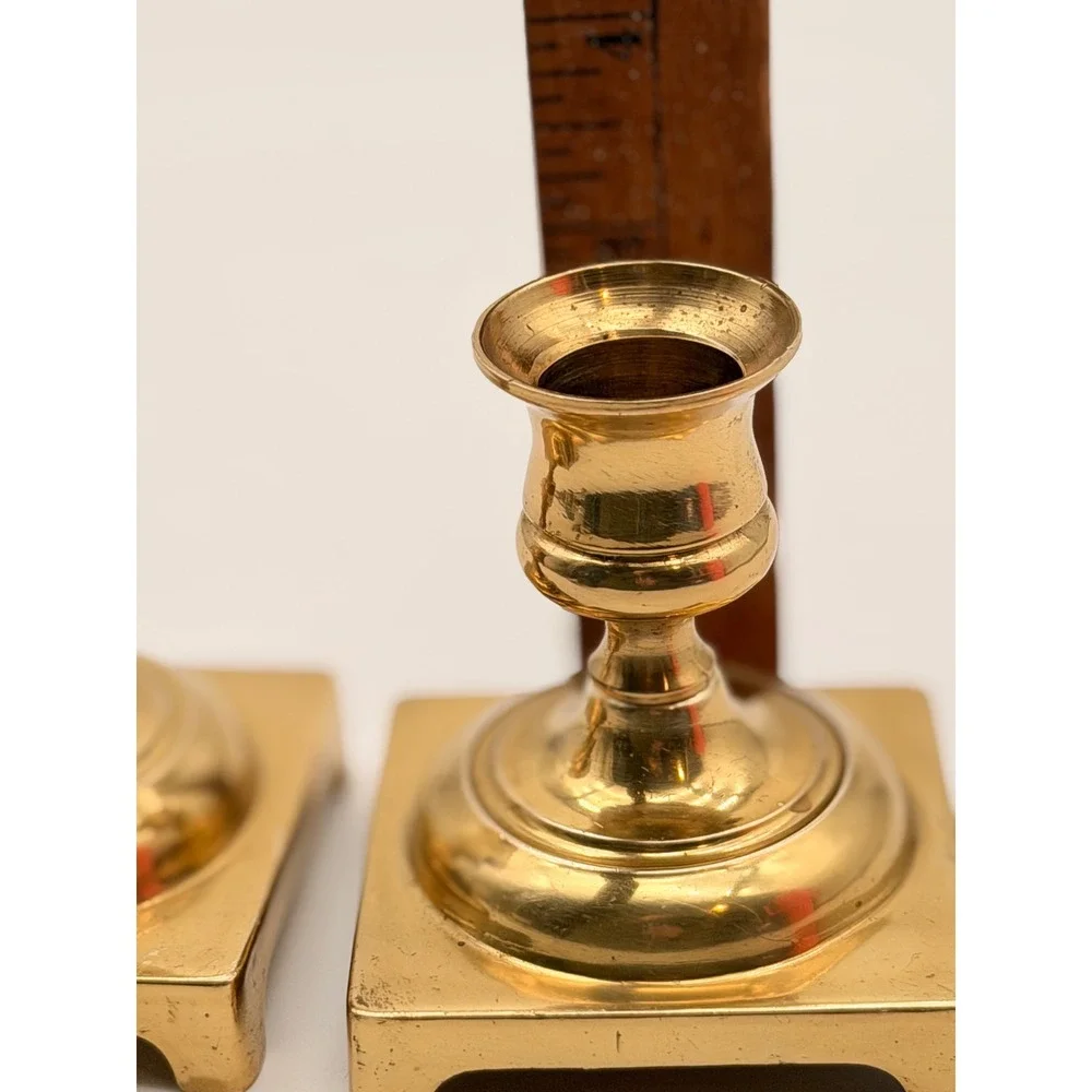 Vintage Pair Solid Brass Square Base Candlestick Holders Made in England 3 Inch